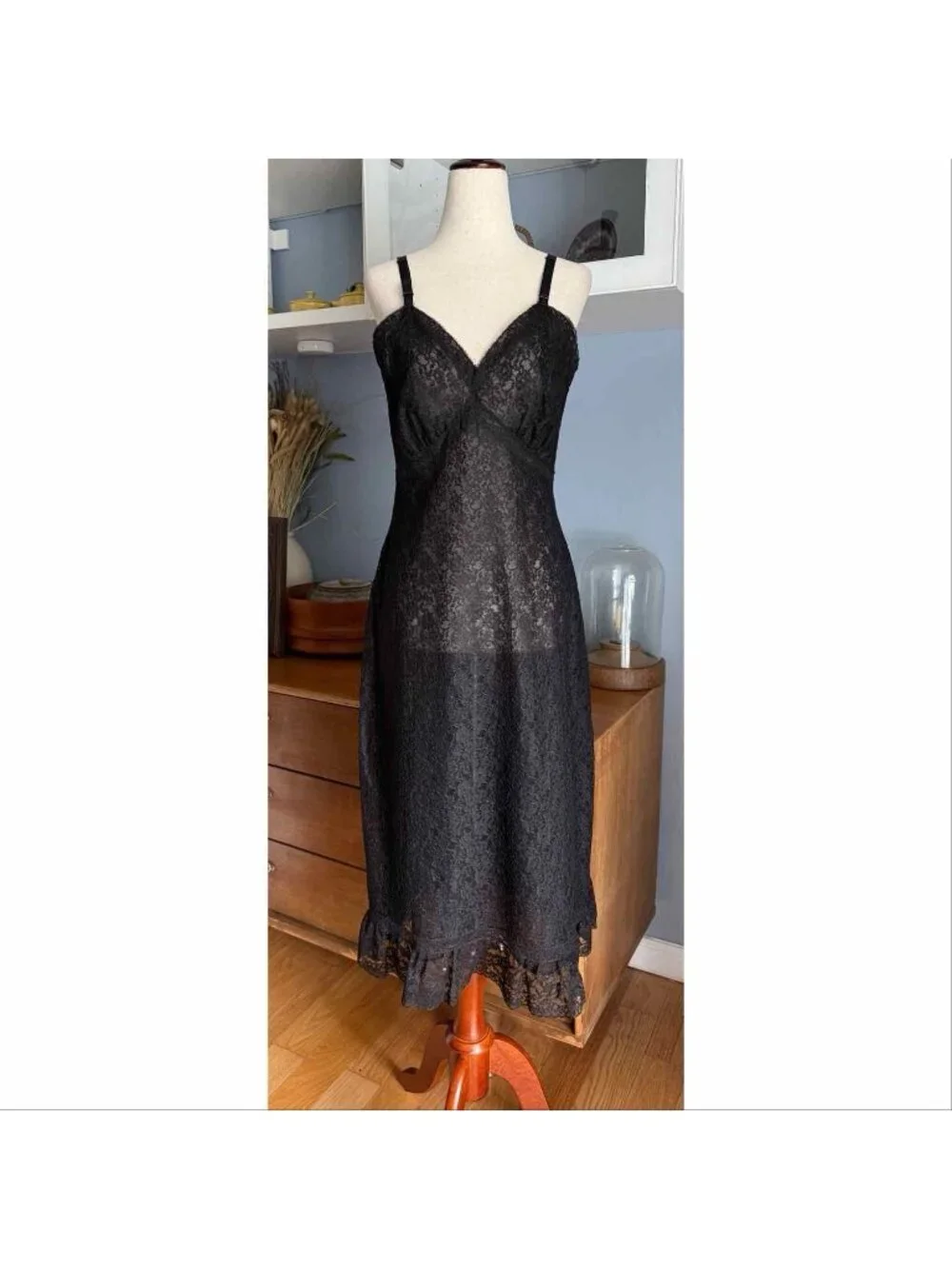 Vtg 60’s Shadowline Black Lace Slip Midi Dress Nightgown Retro Whimsy Goth